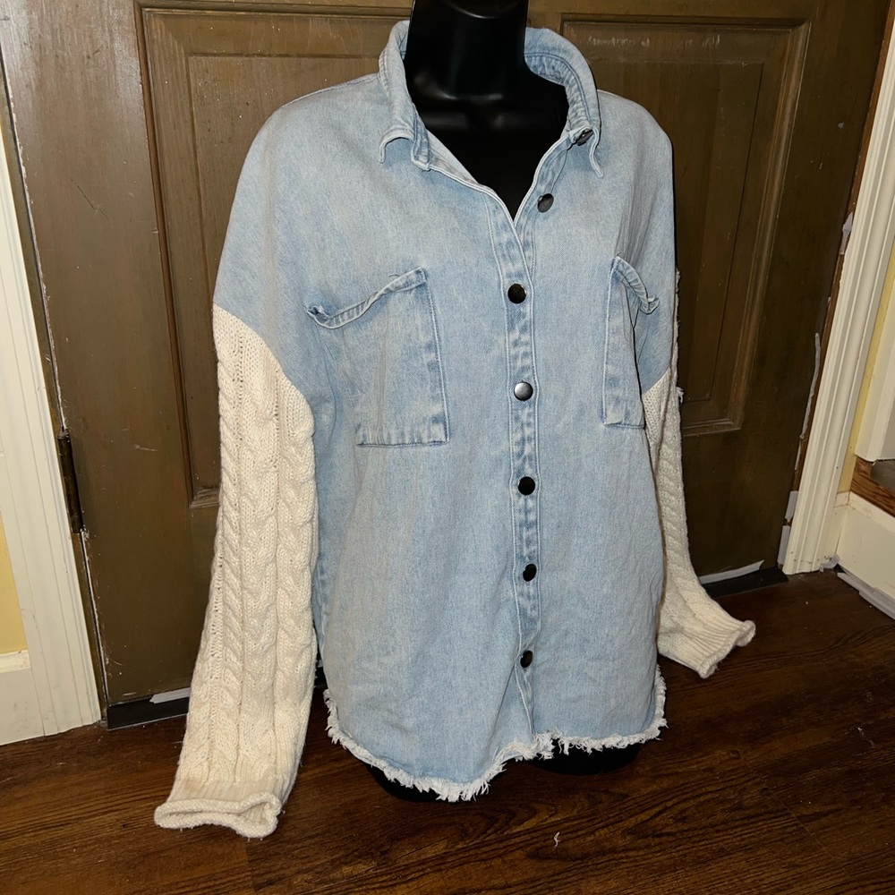 Blu Pepper Oversized Denim Two Tone Knit Sleeve Boho Casual Shacket Size XL - Picture 5 of 11